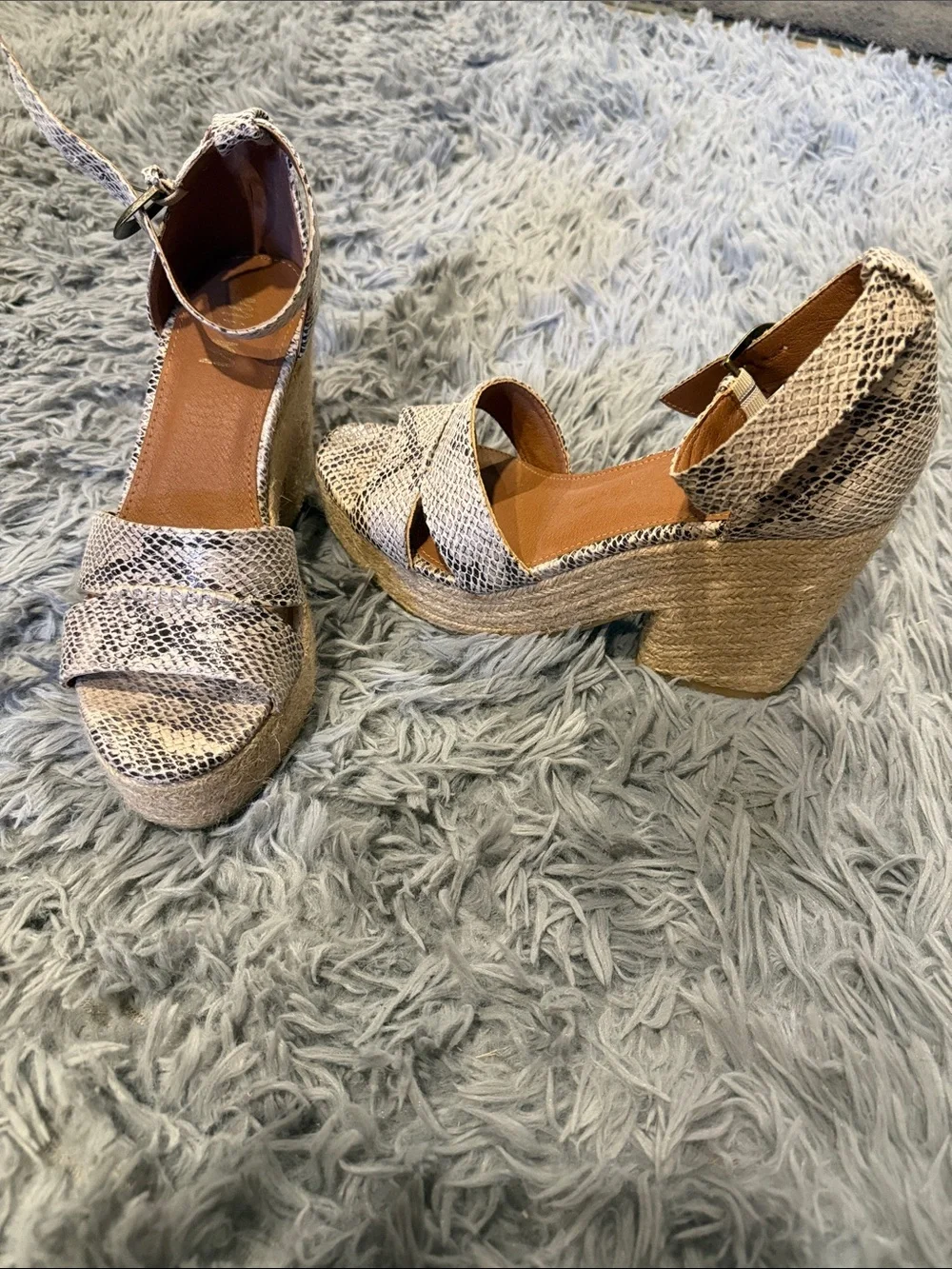 Neutral Snake-Print Espadrille Platform Sandals with Ankle Strap